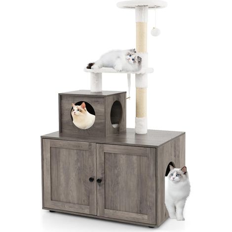 GOPLUS Arbre à Chat avec Meuble Litière pour Chat, Coussin, Balle Suspendue, Niche, Griffoir en Sisal, Style Industriel, 77,5 x 49 x 132cm (Blanc, Non Included bac à litière) (Gris) (1/5)