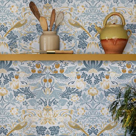 Papier peint intissé William Morris Strawberry Thief Soft Blue 1005 x 52cm Bleu