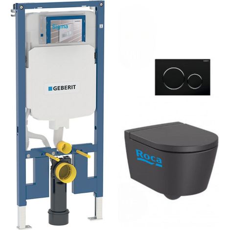 Pack WC Bati-support Geberit UP720 extra-plat + WC Roca Inspira onyx compacte sans bride + Abattant + Plaque noire chrome
