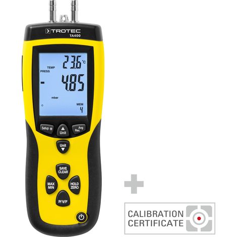 TROTEC Anemómetro de tubo de Pitot TA400 incl. certificado de calibración, Anemómetro profesional para medir la velocidad, flujo, presión y temperatura del aire