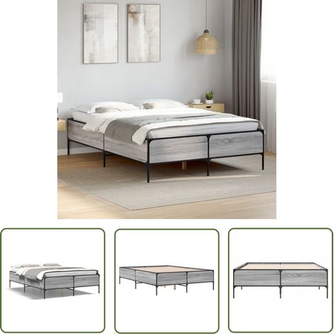 The Living Store Bettgestell Grau Sonoma 140x200 cm Holzwerkstoff und Metall - Holzbettwäsche - Lattenrost - Doppelbett - Boxspringbett - Bettrahmen (1/5)
