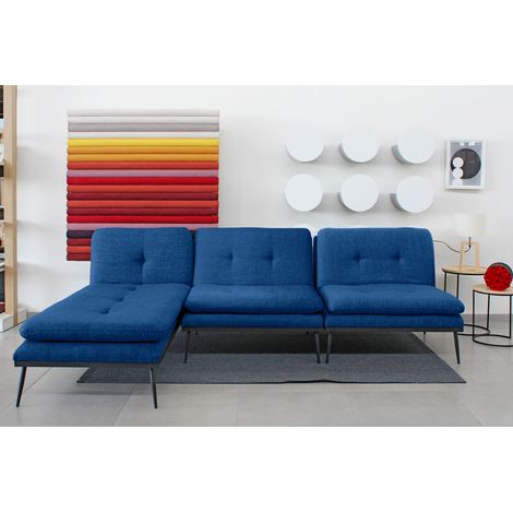 Divano con penisola 3 posti, divano letto modulare con chaise longue PILAR - Divano salotto Soggiorno dal Design Moderno in Tessuto, Schienale reclinabile Gambe in metallo - BLU (1/2)