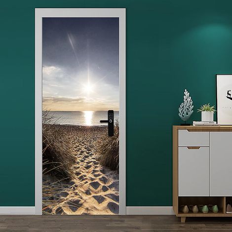 Sticker mural 3D effet trompe-l'œil « Lever de soleil » pour porte, imperméable, idéal pour chambre et salle de bain, 95 x 215 cm. (1/5)
