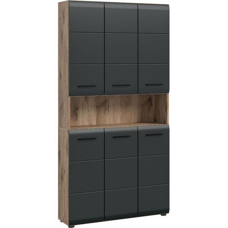 Ice armoire de salle de bain 6 portes, 1 étagère noir mat, chêne décor. (1/5)