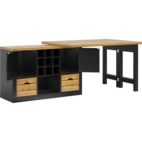 Table îlot de cuisine extensible avec buffet, plateau pivotant à 360°, rangement spacieux, couleur noire (1/5)