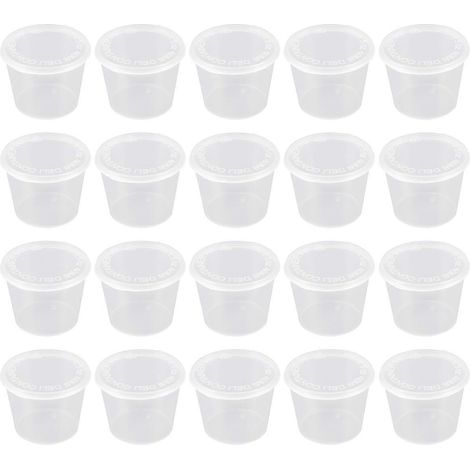 Lot de 50 gobelets à portion jetables en plastique transparent de 40 ml avec couvercles, parfaits pour gelées, yaourts, mousses et sauces.