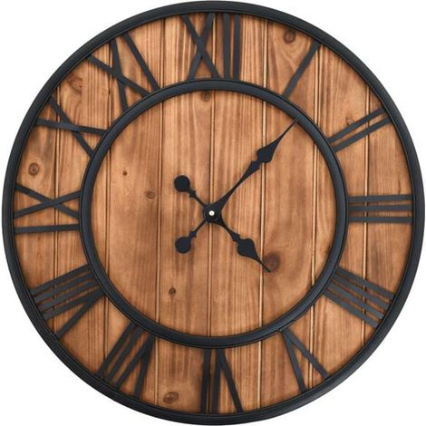 Horloge murale vintage à quartz, en bois et métal, 60 cm XXL (1/5)