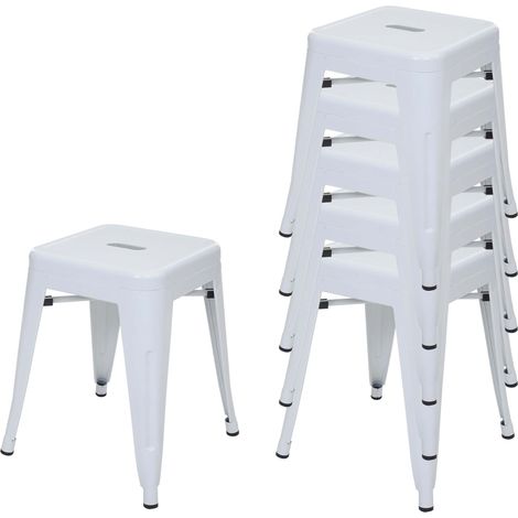 Juego de 6 taburetes HHG-895, taburete de metal asiento taburete, metal diseño industrial apilable, blanco (1/5)