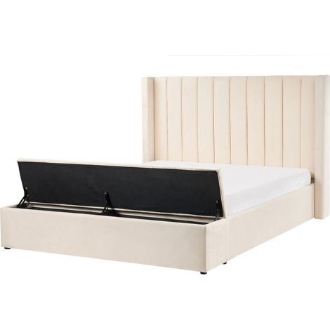 Letto matrimoniale velluto bianco sporco rete a doghe e cassapanca 160 x 200 cm Noyers