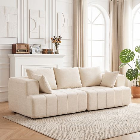 Canapé 3 places 248 cm en velours côtelé, sofa de salon contemporain, assise large et moelleuse, coussins à ressorts, coloris beige (1/5)