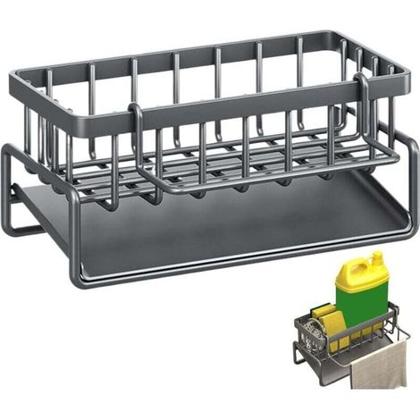 Organiseur d'évier de Cuisine Porte-éponge en Acier Inoxydable Rangement Eponge Cuisine Accessoires de Cuisine avec Plateau de Vidange et Porte-Serviettes