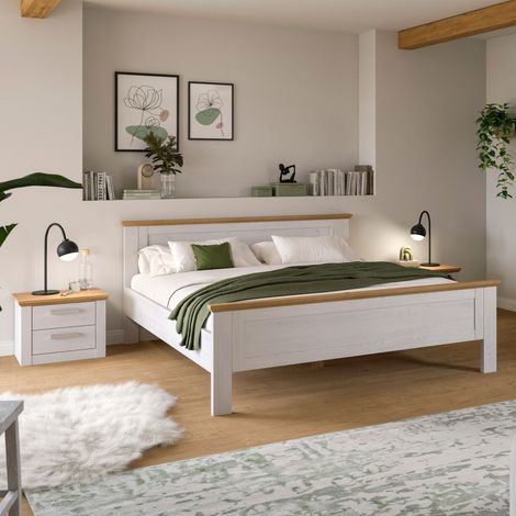 Ensemble lit 189x209x90cm et chevets décor blanc et naturel - VERONICE (1/4)