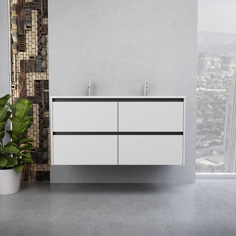 Inda - Badezimmerschrank 4 Schubladen B.120 mit Doppelwaschbecken Hochglanz/Mattweiß - Smeraldo