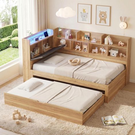 Lit enfant 90/200 cm naturel en MDF avec lit gigogne, rangements et éclairage intégré (1/5)
