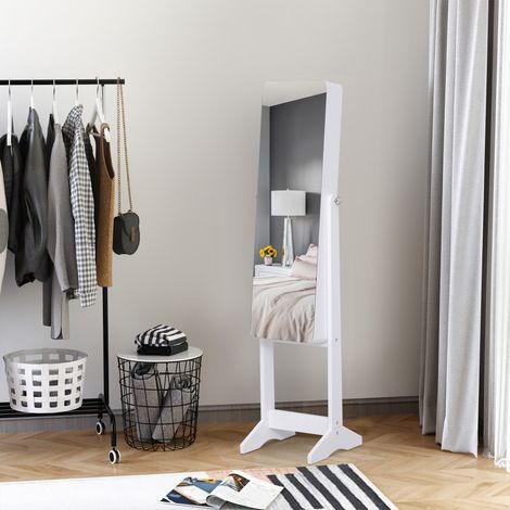 Armoire à bijoux avec miroir réglable et éclairage LED, Bois, Blanc, 30x146x36 cm