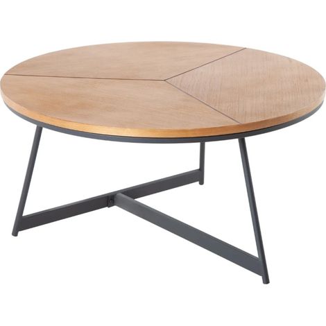 Runder Couchtisch ZENTOR 80 cm Massivholz und schwarzes Metall im Industriestil