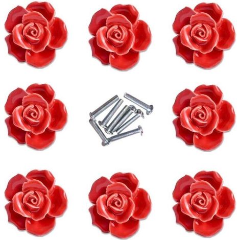 8-piece set of elegant red and pink flower-shaped ceramic furniture knobs and drawer handles