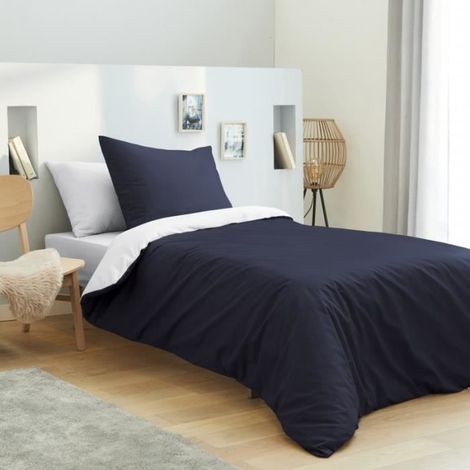 Housse de couette - 100% coton - 90x190 cm - Marine et Blanc - 57 fils/cm² - 4 pièces (1/2)