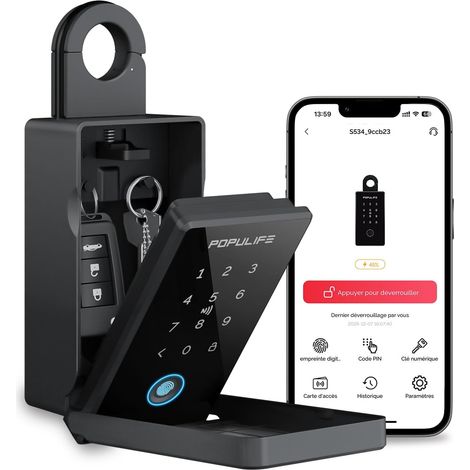 Boite a Clef avec Empreinte Digitale, Smart Boite a Clefs securisee exterieur, Boite à Clé avec Accès à Distance Sans Fil pour Maison, Bureau et Agents Immobiliers, Fonctionne Hors Ligne (1/5)