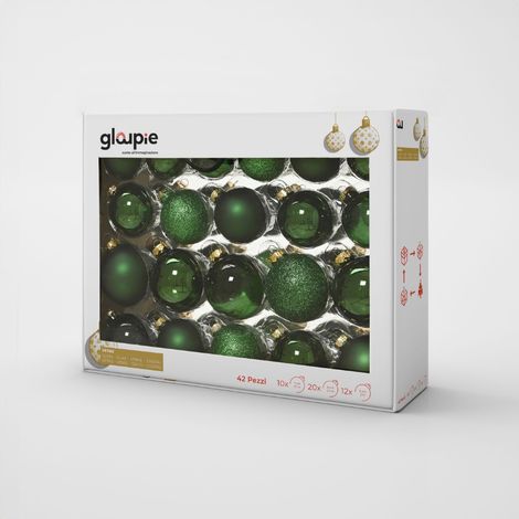 GLOUPIE Box 42 Palline Per Albero Di Natale In Vetro Resistente Verde, 3 Misure Ø 7, 6, 5 cm, In Diverse Finiture Color Verde (1/5)