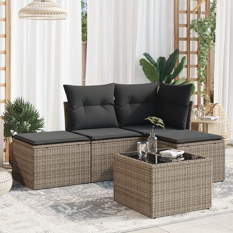 Ensemble Salon Jardin Gris 5 Pièces Tissé Résine Coussins Confortables (1/3)
