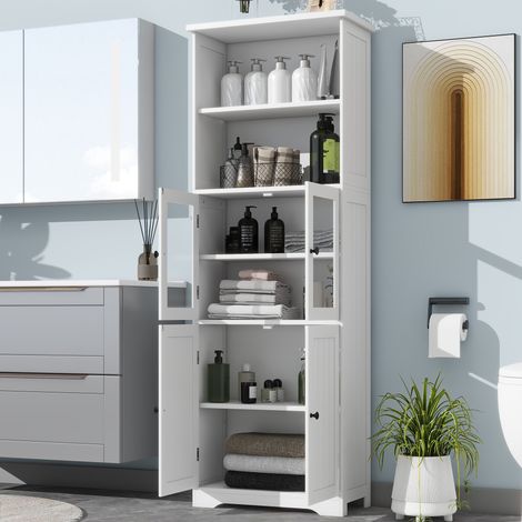 Columna de baño de MDF blanca 57,5 cm con 4 puertas, estantes ajustables y compartimentos abiertos (1/5)