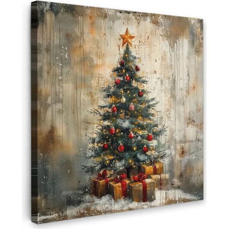 TABLEAU SUR TOILE Arbre de Noël - Vintage - Noël - Cadeau Tableau Chambre Adulte 90x90 cm