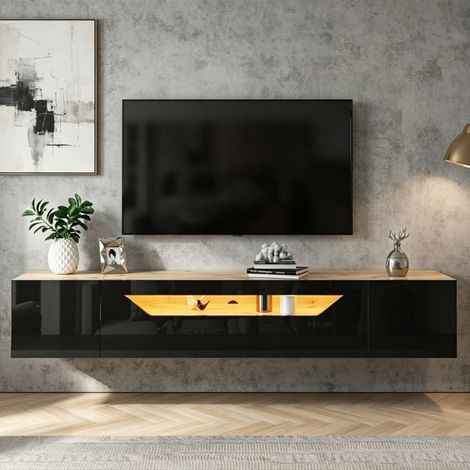 Meuble TV noir et bois 180 cm avec LED - meuble tele moderne pour salon, convient pour TV 75 pouces -style scandinave (1/5)