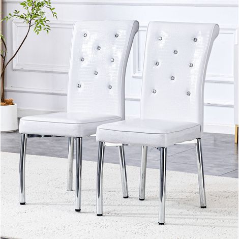 2er-Set weiße PVC-Esszimmerstühle mit Metallbeinen und Kristallknöpfen (1/5)