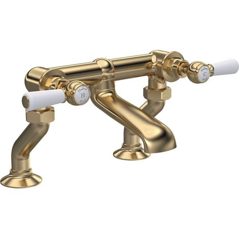 Hudson Reed White Topaz Lever Bath Filler Tap Pillar Mounted - Brushed Brass