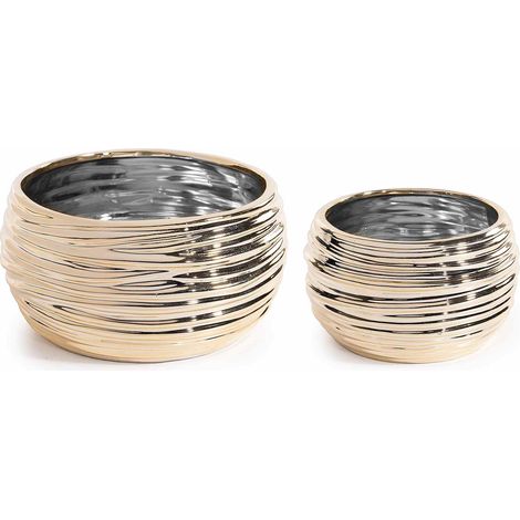 Set di 2 vasi in ceramica dorata lavorata, 21 e 16 cm