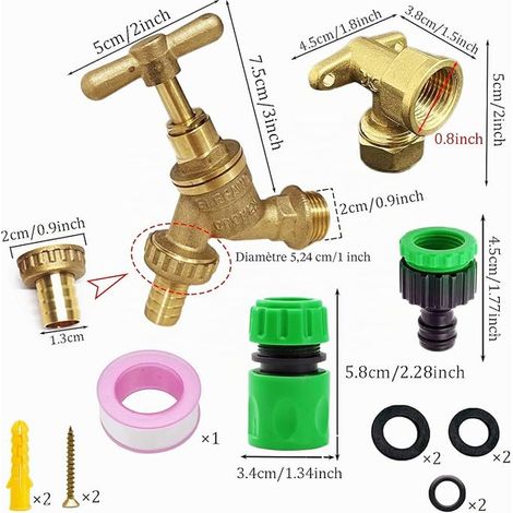 Kit de robinet extérieur – Raccord BSP 1,27 cm, plaque murale laiton, ensemble raccords extérieur, robinet eau réservoir IBC, montage mural (1/2)