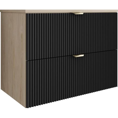 Mobile da bagno con frontale scanalato 80 cm con 2 cassetti, noce chiaro (MDF), con frontale nero, con maniglia dorata, 80 x 47 x 60 cm (1/5)