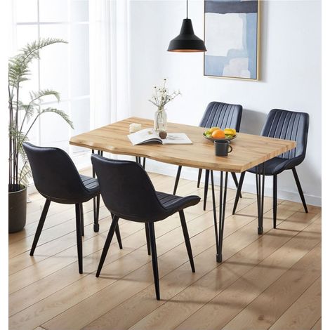 Hallowood Furniture Cullompton Large Dining Table and Chairs Set 4, Live Edge Effect Top Kitchen Table (120cm) and Black Bonded Leather Chairs, Dining Set for 4 for Ideal Home and Cafés (1/5)