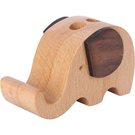 Pot de rangement en bois en forme d'éléphant, pot à crayons avec support pour téléphone portable, organisateur de bureau décoratif (1/4)
