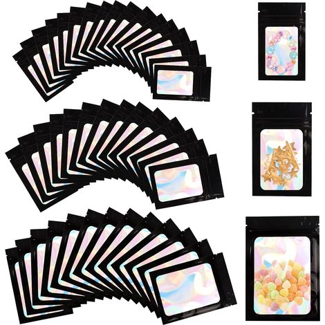 120 Pièces Sachets Refermable Zip Mylar Anti Odeur Pochon Zip Holographique avec Fenêtre Transparente 3 Tailles pour Aliments, Bonbons, Bijoux et Emballage Cadeaux (6x10cm, 8x13cm, 10.5x15cm, Noir) (1/5)