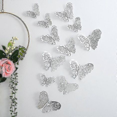 Lot de 12 papillons 3D décoratifs pour salon, couleur argent. (1/5)
