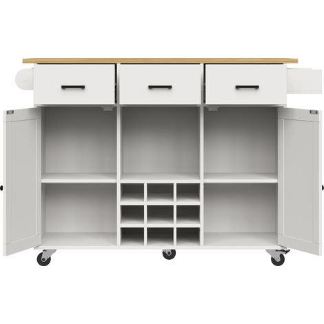 Chariot de cuisine multifonction avec table pliante, rangements variés et roulettes, MDF blanc 104x39,5x91,5 cm (1/5)