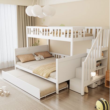 Kinderetagenbett 90x200/140x200 cm mit Stauraumtreppe und Ausziehbett, weiß OKMYHOME (1/5)