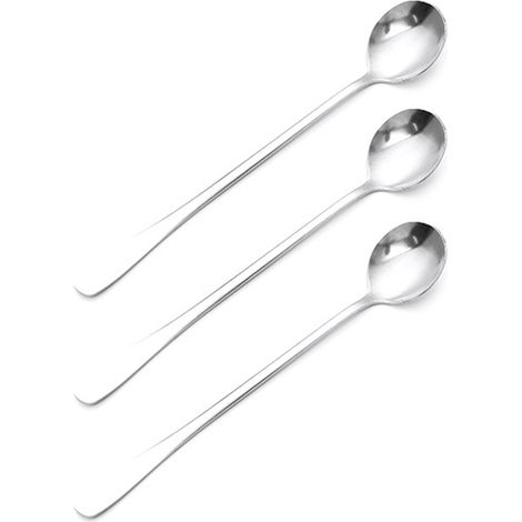Lot de 3 cuillères à long manche en acier inoxydable pour café, thé glacé et crème glacée, idéales pour les bars, les fêtes à la maison et les réceptions. Tête ronde. (1/5)