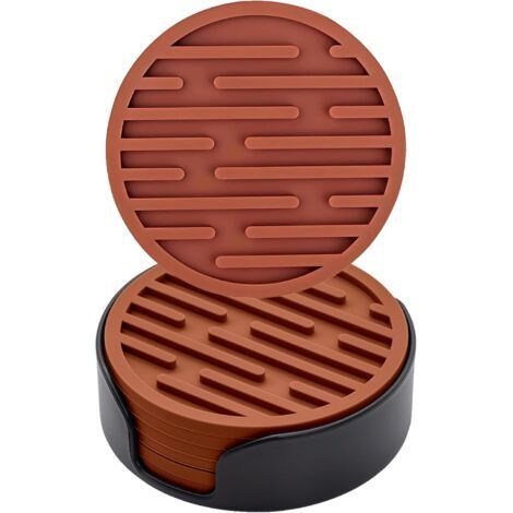 Silicone Coasters Set of 6, 10cm Diameter (Brown) with Holders, Round Non-Slip Coasters, Suitable for Mugs, Drinking Coasters (1/5)