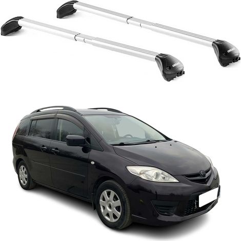OMAC Barres de toit transversales certifiées TÜV pour Mazda5 / Premacy 2005-2018 – Verrouillables (4 antivols) – Charge max 100 kg – Sangle inox + protection caoutchouc Argent (1/5)
