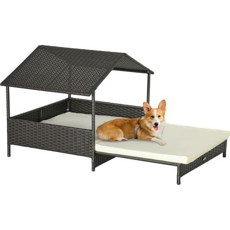 PawHut Extendable Rattan Dog House w/ Water-Resistant Roof, Cushion White