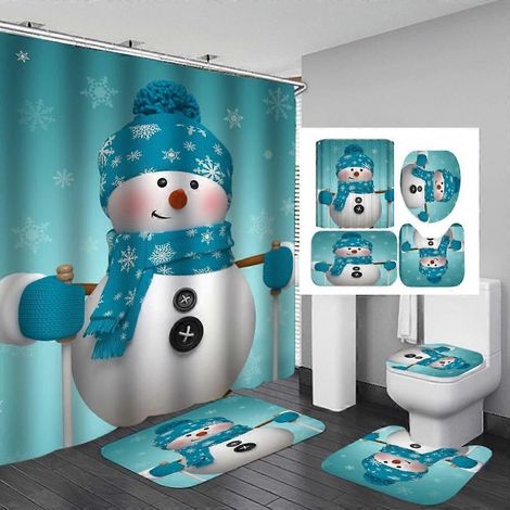 Ensemble de douche 4 pièces Joyeux Noël avec rideau, tapis antidérapant, tapis de bain, couvre-toilette et 12 crochets, motif sapin de Noël, boules et flocons de neige rouges (1/5)