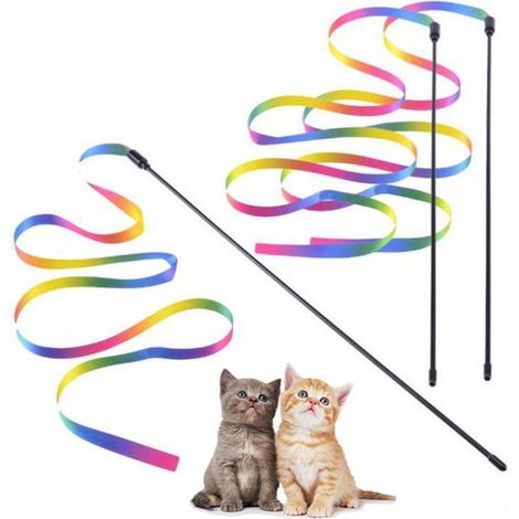 3 cañas de pescar para gatos, 30 cm, Cinta de 60 cm, Atrapador interactivo, Manténgase activo, Gato, Juguetes para gatitos, Colores arcoíris (1/5)