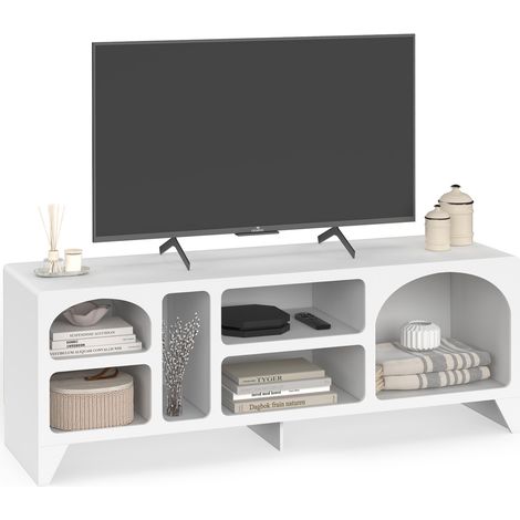 Meuble TV 140 cm organique ALESIA 6 niches bois blanc (1/5)