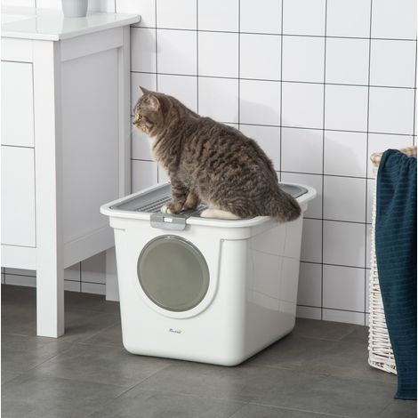 Lettiera per gatti con coperchio e paletta, 44 x 55 x 39 cm, bianco/grigio OKMYHOME (1/5)