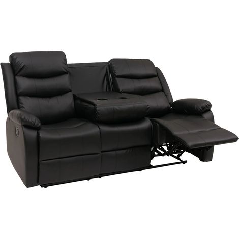 Canapé cinéma 3 places inclinable en similicuir noir fauteuil home cinéma avec repose-pieds porte-gobelets et fonction relax 040009404