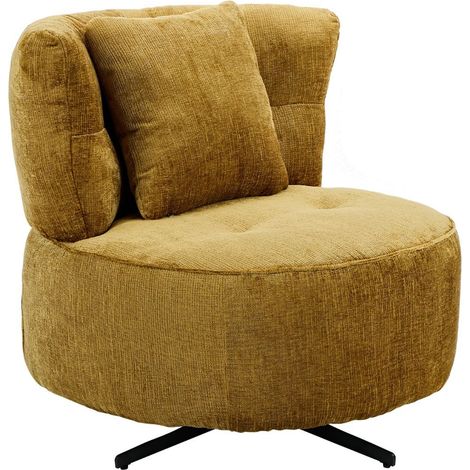 Fauteuil lounge pivotant en tissu chenillé jaune moutarde piètement métal noir avec coussin dorsal - MIRAGE