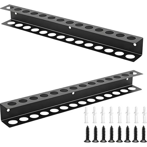 Lot de 2 supports de tournevis avec 14 trous, 40 cm, porte-outils mural, avec vis et tube d'extension pour garages, ateliers et établis, noir (1/5)